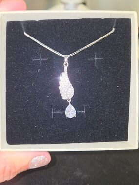 925 Sterling Silver Chain Wing  Pendant Necklace with Moissanite Teardrop Stone